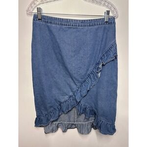 SHEIN Women Light Wash Denim Ruffle Faux Wrap Skirt Blue High Waist Large 8/10